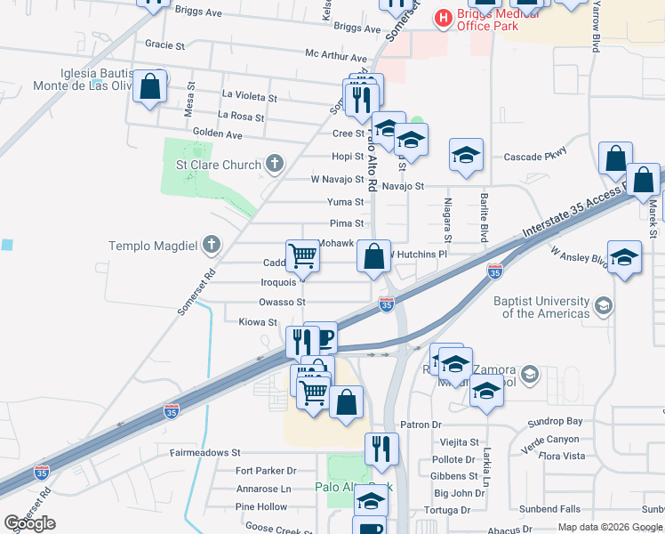 map of restaurants, bars, coffee shops, grocery stores, and more near 155 Iroquois Street in San Antonio