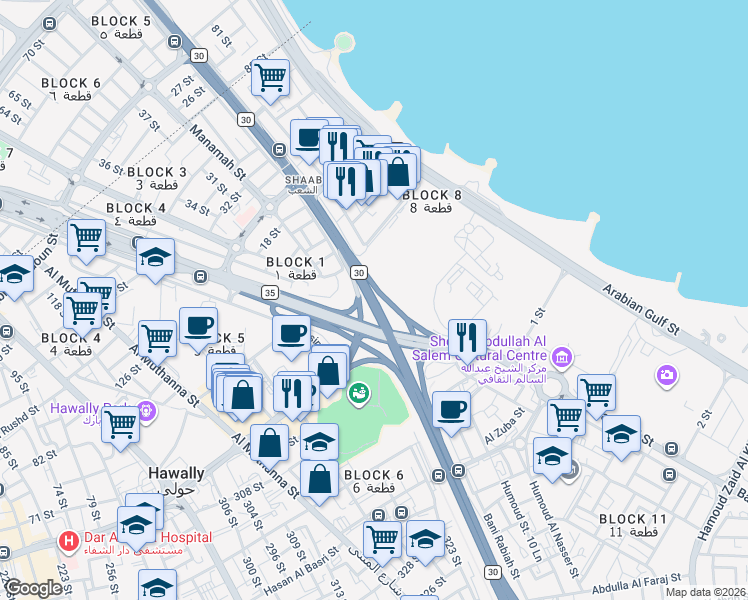 map of restaurants, bars, coffee shops, grocery stores, and more near Fahaheel Expressway in Kuwait City
