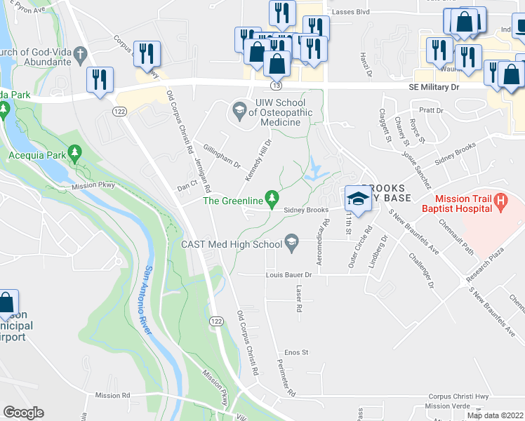 map of restaurants, bars, coffee shops, grocery stores, and more near 8000-8058 Dave Erwin Drive in San Antonio