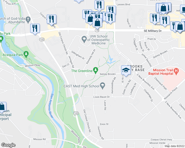 map of restaurants, bars, coffee shops, grocery stores, and more near 8000-8058 Dave Erwin Drive in San Antonio