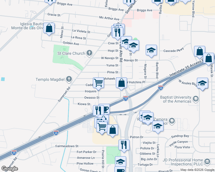 map of restaurants, bars, coffee shops, grocery stores, and more near 155 Iroquois Street in San Antonio