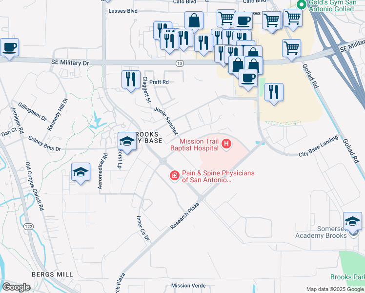 map of restaurants, bars, coffee shops, grocery stores, and more near Inner Circle Road in San Antonio