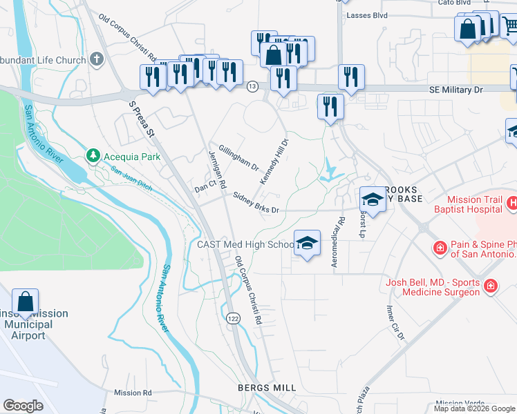 map of restaurants, bars, coffee shops, grocery stores, and more near 7901 Dave Erwin Drive in San Antonio