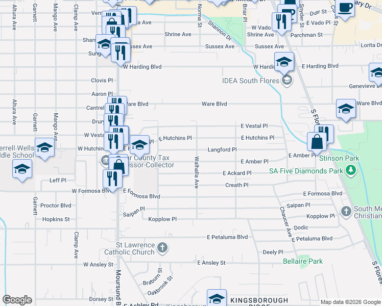 map of restaurants, bars, coffee shops, grocery stores, and more near 171 Langford Place in San Antonio