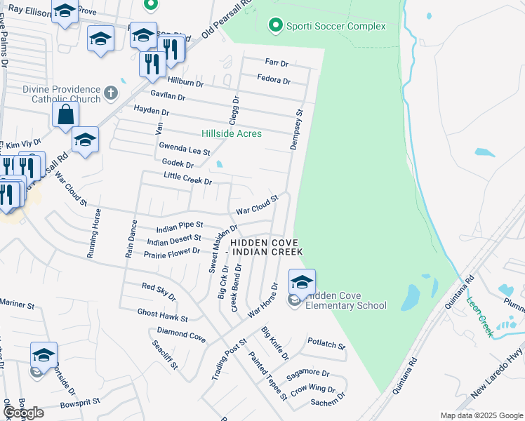 map of restaurants, bars, coffee shops, grocery stores, and more near 5027 War Cloud Street in San Antonio
