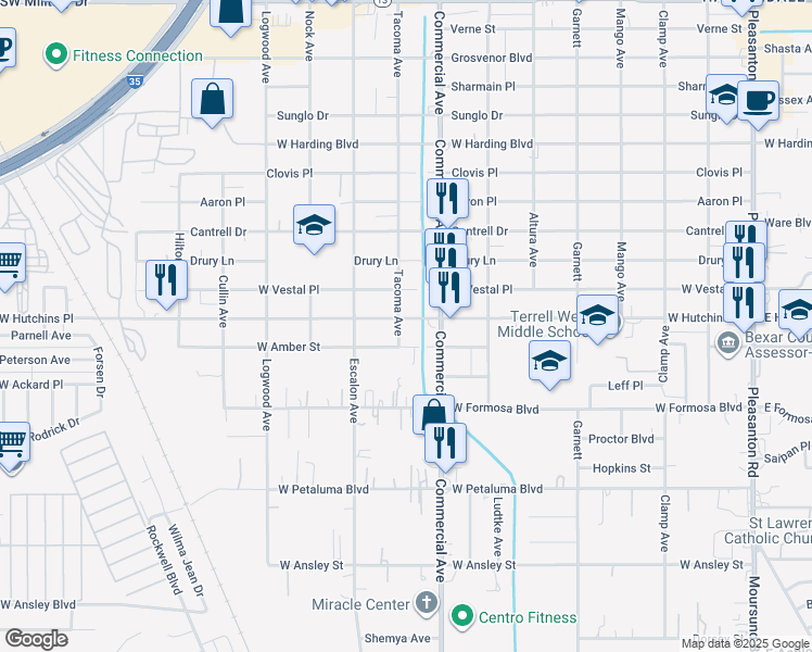 map of restaurants, bars, coffee shops, grocery stores, and more near 823 West Hutchins Place in San Antonio
