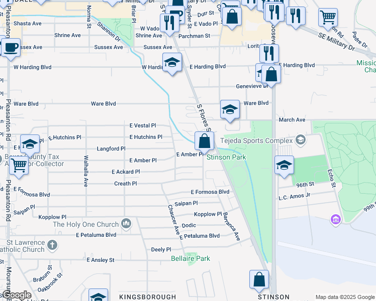 map of restaurants, bars, coffee shops, grocery stores, and more near 523 East Amber Street in San Antonio