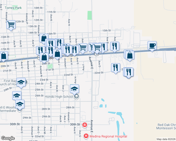 map of restaurants, bars, coffee shops, grocery stores, and more near 2002 Avenue East in Hondo