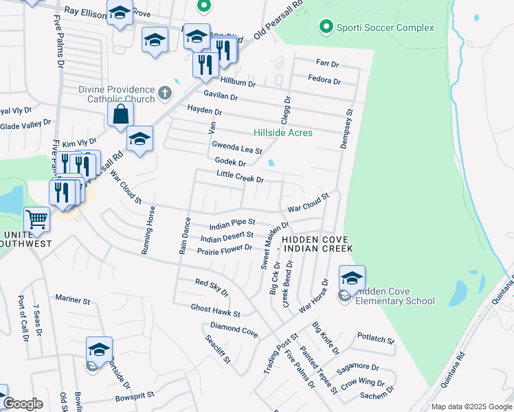 map of restaurants, bars, coffee shops, grocery stores, and more near 8216 Quiet Creek Drive in San Antonio