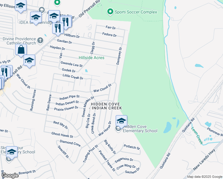 map of restaurants, bars, coffee shops, grocery stores, and more near 4719 War Horse Drive in San Antonio
