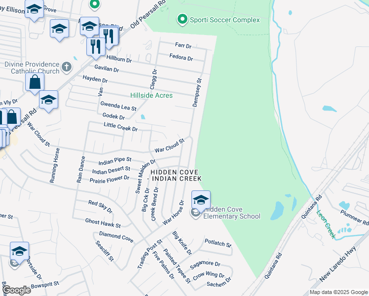map of restaurants, bars, coffee shops, grocery stores, and more near 4719 War Horse Drive in San Antonio
