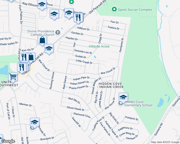 map of restaurants, bars, coffee shops, grocery stores, and more near 8216 Quiet Creek Drive in San Antonio