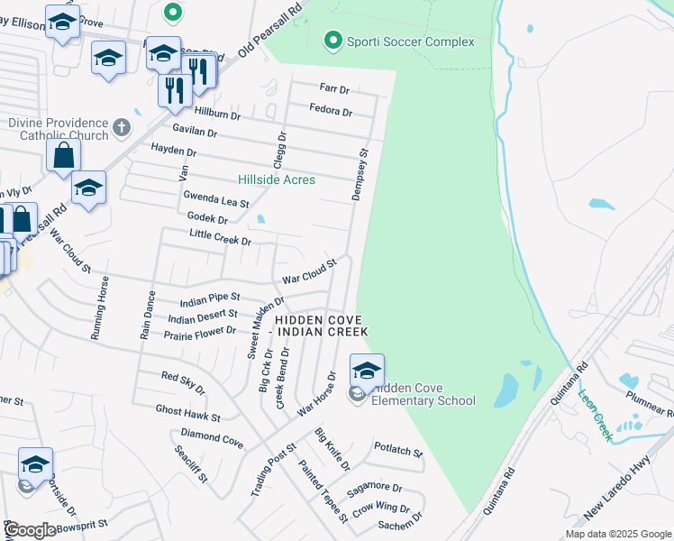 map of restaurants, bars, coffee shops, grocery stores, and more near 4719 War Horse Drive in San Antonio
