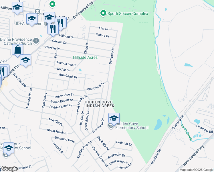 map of restaurants, bars, coffee shops, grocery stores, and more near 4719 War Horse Drive in San Antonio