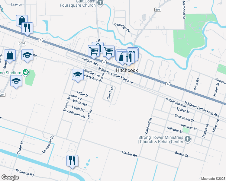 map of restaurants, bars, coffee shops, grocery stores, and more near 7001 Shannon Street in Hitchcock