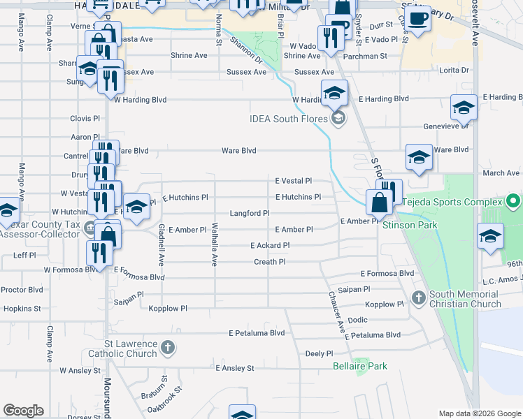 map of restaurants, bars, coffee shops, grocery stores, and more near 263 Langford Place in San Antonio