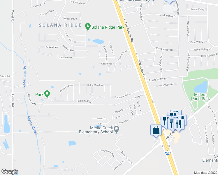 map of restaurants, bars, coffee shops, grocery stores, and more near 8402 Miners Point in San Antonio