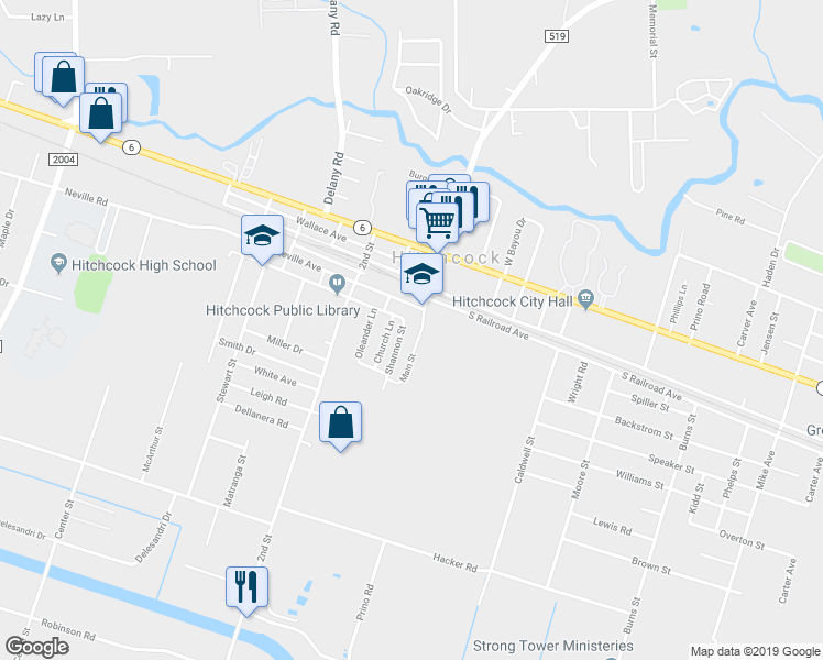 map of restaurants, bars, coffee shops, grocery stores, and more near 7001 Shannon Street in Hitchcock