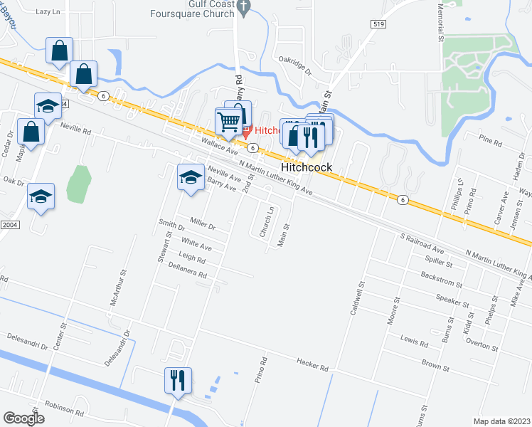 map of restaurants, bars, coffee shops, grocery stores, and more near 7012 Church Lane in Hitchcock