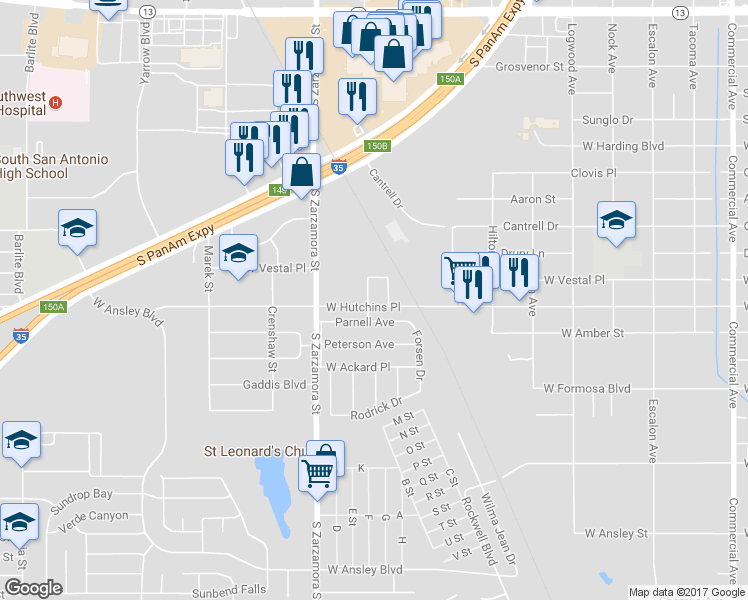 map of restaurants, bars, coffee shops, grocery stores, and more near 8026 Cuff Street in San Antonio