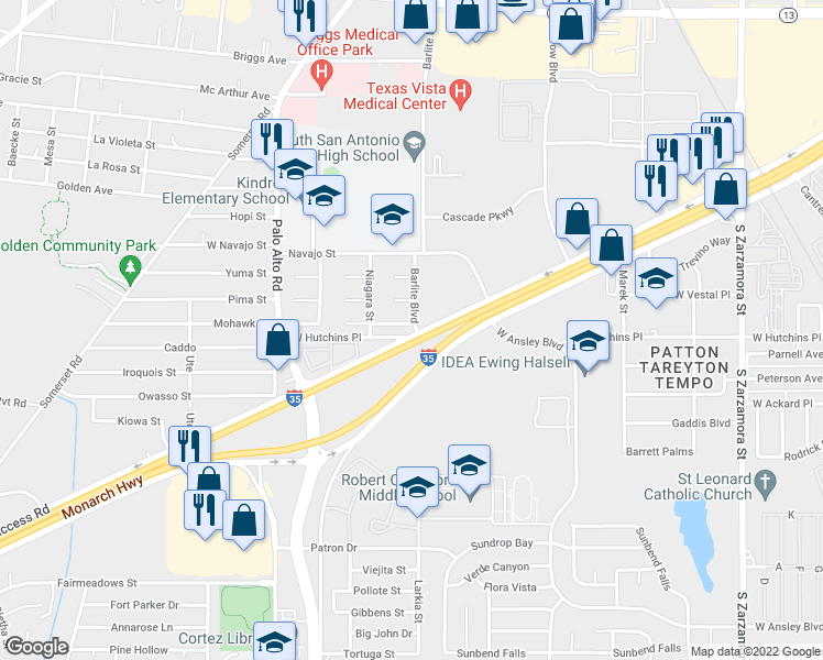 map of restaurants, bars, coffee shops, grocery stores, and more near 2602 Misty Spray Drive in San Antonio