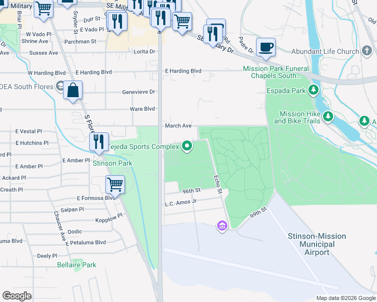 map of restaurants, bars, coffee shops, grocery stores, and more near 1109-1119 93rd Street in San Antonio