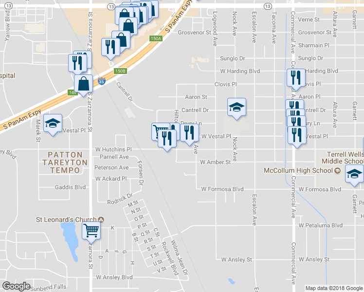 map of restaurants, bars, coffee shops, grocery stores, and more near 1331 West Hutchins Place in San Antonio