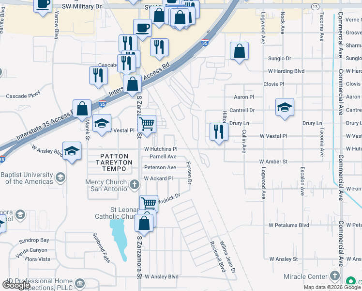 map of restaurants, bars, coffee shops, grocery stores, and more near 1607 West Hutchins Place in San Antonio