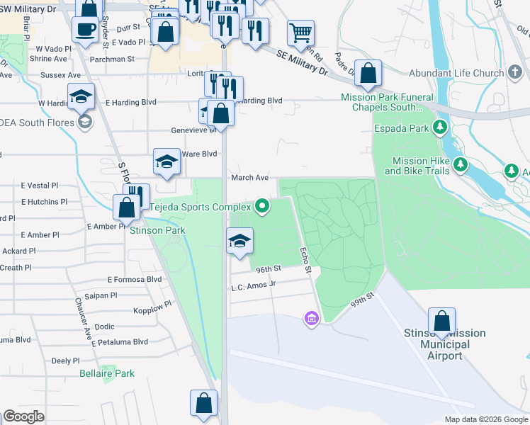 map of restaurants, bars, coffee shops, grocery stores, and more near 1109-1119 93rd Street in San Antonio