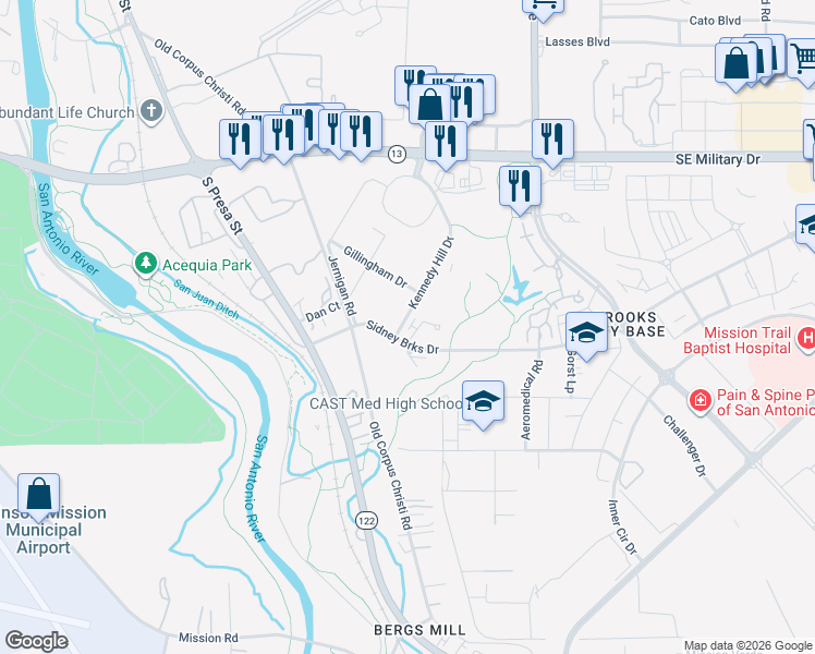 map of restaurants, bars, coffee shops, grocery stores, and more near 7901-7999 Dave Erwin Drive in San Antonio