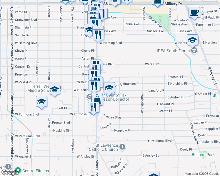map of restaurants, bars, coffee shops, grocery stores, and more near 139 East Hutchins Place in San Antonio
