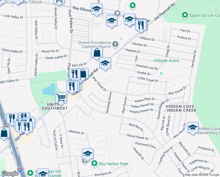 map of restaurants, bars, coffee shops, grocery stores, and more near 8319 Running Horse in San Antonio