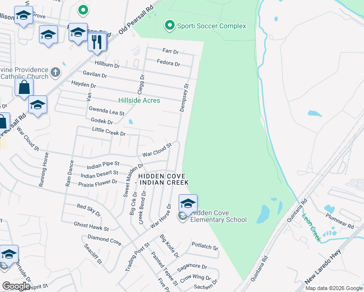 map of restaurants, bars, coffee shops, grocery stores, and more near 4719 War Horse Drive in San Antonio