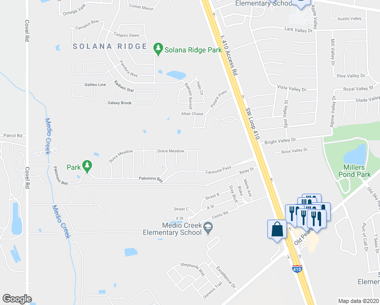 map of restaurants, bars, coffee shops, grocery stores, and more near 8402 Miners Point in San Antonio