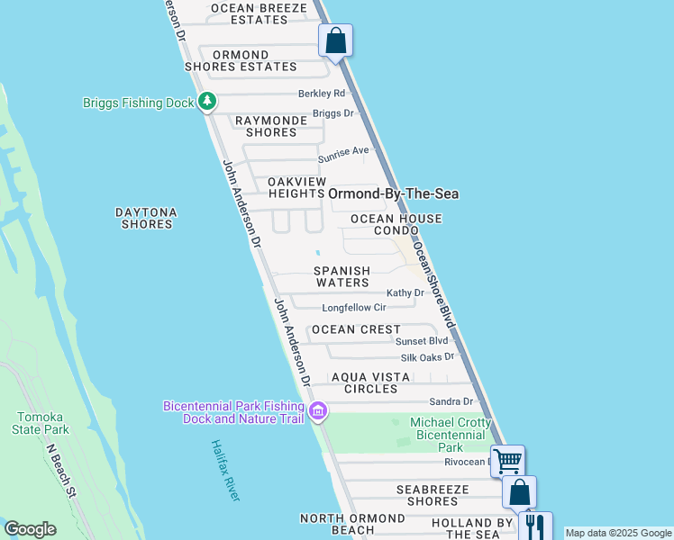 map of restaurants, bars, coffee shops, grocery stores, and more near 27 Spanish Waters Drive in Ormond Beach