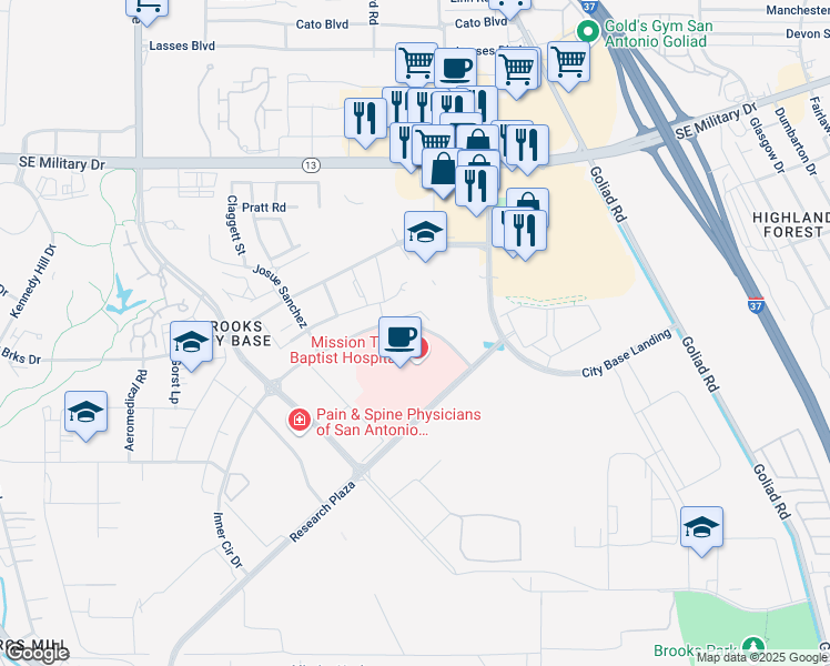 map of restaurants, bars, coffee shops, grocery stores, and more near 3333 Research Plaza in San Antonio
