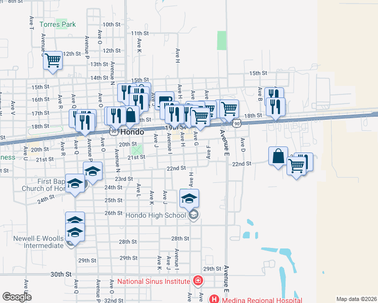 map of restaurants, bars, coffee shops, grocery stores, and more near 708 21st Street in Hondo