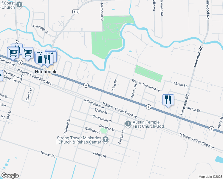 map of restaurants, bars, coffee shops, grocery stores, and more near 7110 Highway 6 in Hitchcock