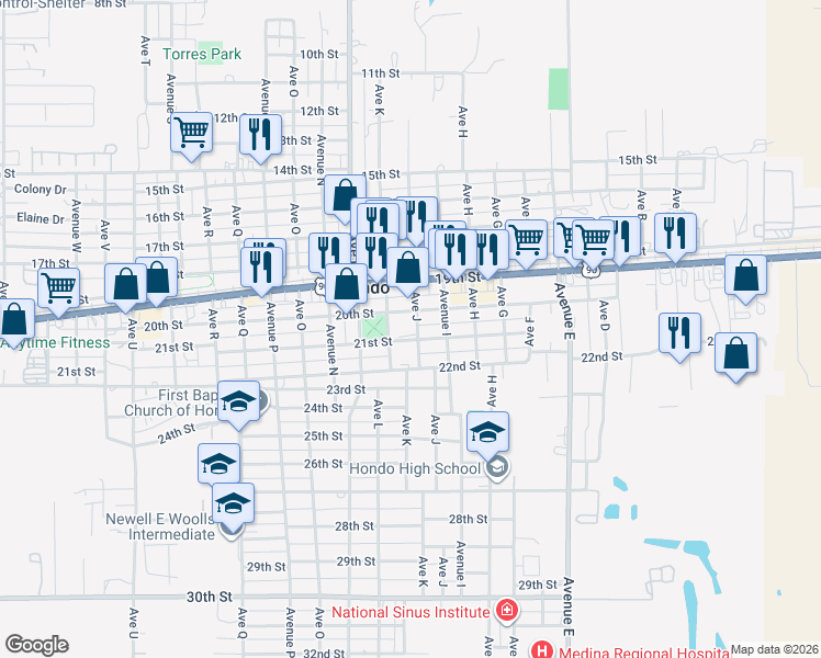 map of restaurants, bars, coffee shops, grocery stores, and more near 2008 Avenue J in Hondo