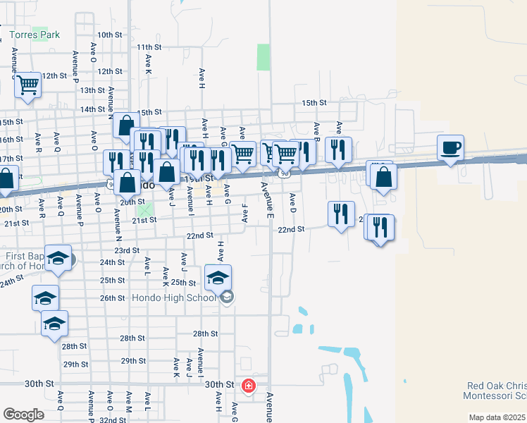 map of restaurants, bars, coffee shops, grocery stores, and more near 2002 Avenue East in Hondo