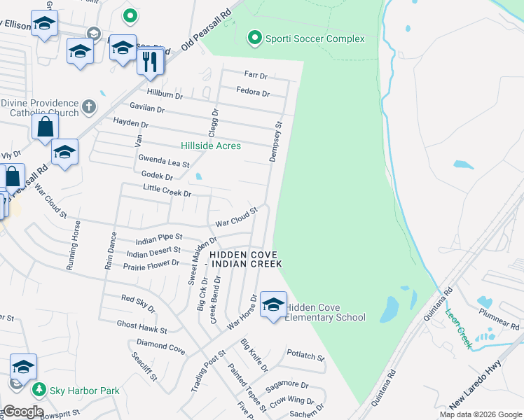 map of restaurants, bars, coffee shops, grocery stores, and more near 4719 War Horse Drive in San Antonio