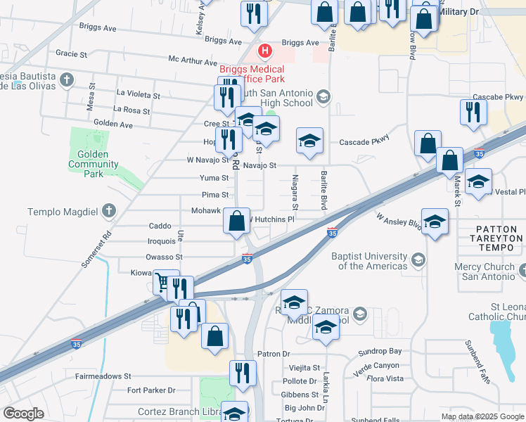 map of restaurants, bars, coffee shops, grocery stores, and more near 2018 Longmeadow Dr in San Antonio