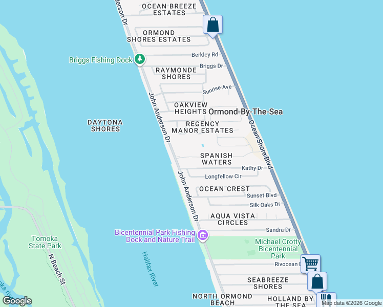 map of restaurants, bars, coffee shops, grocery stores, and more near 10 Saint Johns Place in Ormond Beach