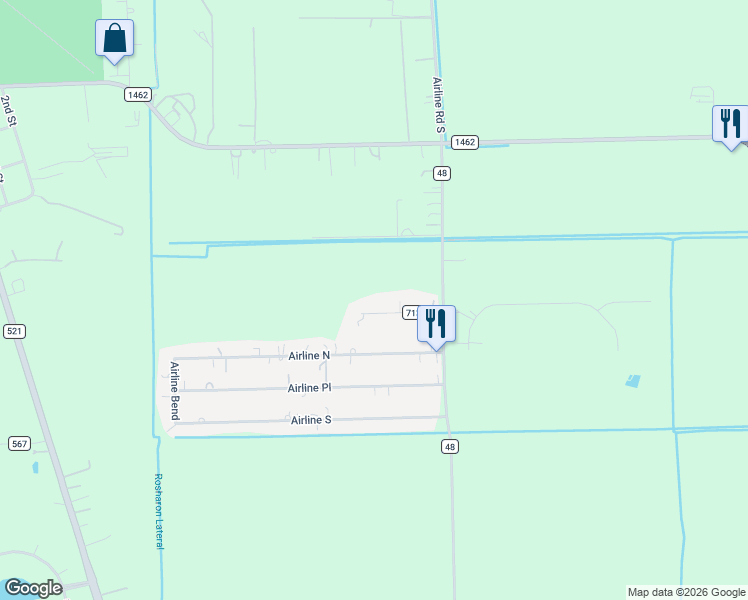 map of restaurants, bars, coffee shops, grocery stores, and more near 1411 Airline Court in Rosharon