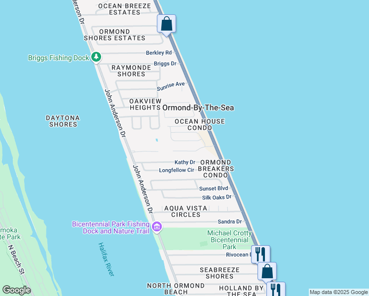 map of restaurants, bars, coffee shops, grocery stores, and more near 13 Spanish Waters Drive in Ormond Beach