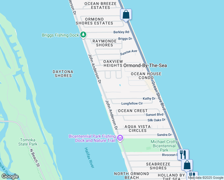 map of restaurants, bars, coffee shops, grocery stores, and more near 10 Saint Johns Place in Ormond Beach