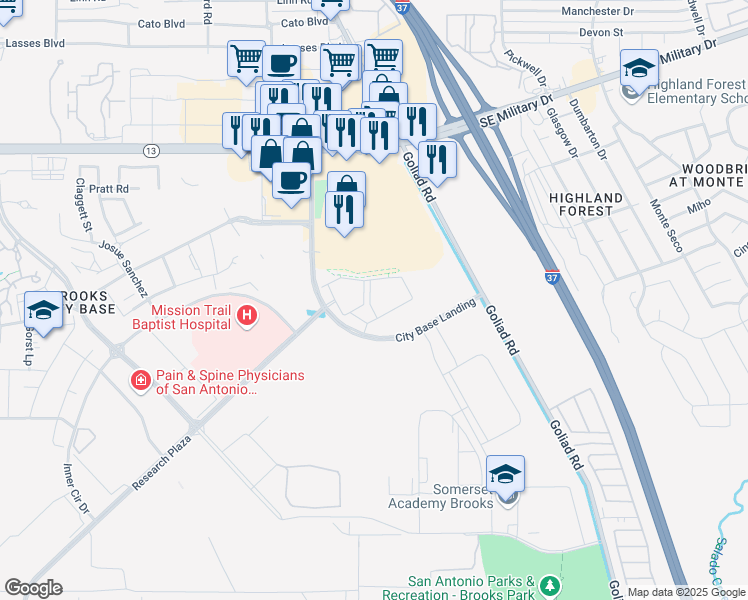 map of restaurants, bars, coffee shops, grocery stores, and more near 7938 City Base Landing in San Antonio