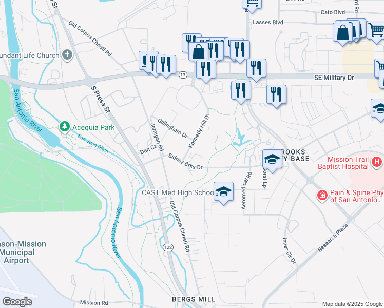 map of restaurants, bars, coffee shops, grocery stores, and more near Sidney Brooks Drive in San Antonio