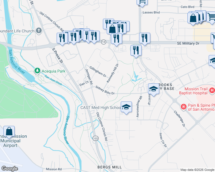 map of restaurants, bars, coffee shops, grocery stores, and more near 7901-7999 Dave Erwin Drive in San Antonio