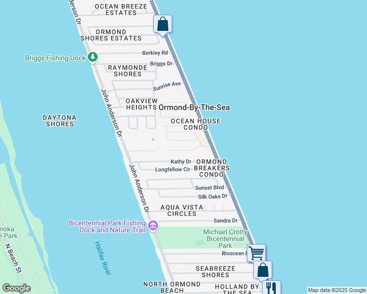 map of restaurants, bars, coffee shops, grocery stores, and more near 13 Spanish Waters Drive in Ormond Beach